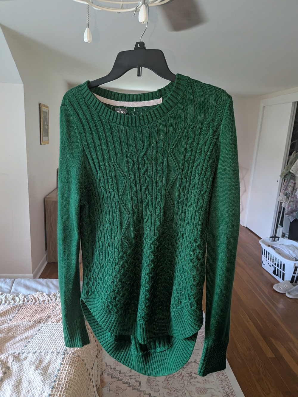 New York & Company Emerald Green Cable Knit Crewneck Sweater